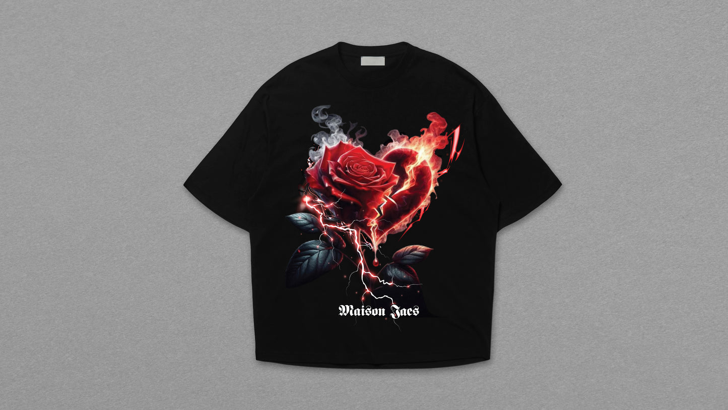 Burning Rose – Valentine Collection Oversized Black Graphic T-Shirt