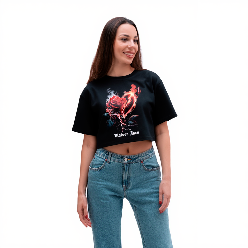 Burning Rose – Valentine Collection Oversized Black Graphic T-Shirt