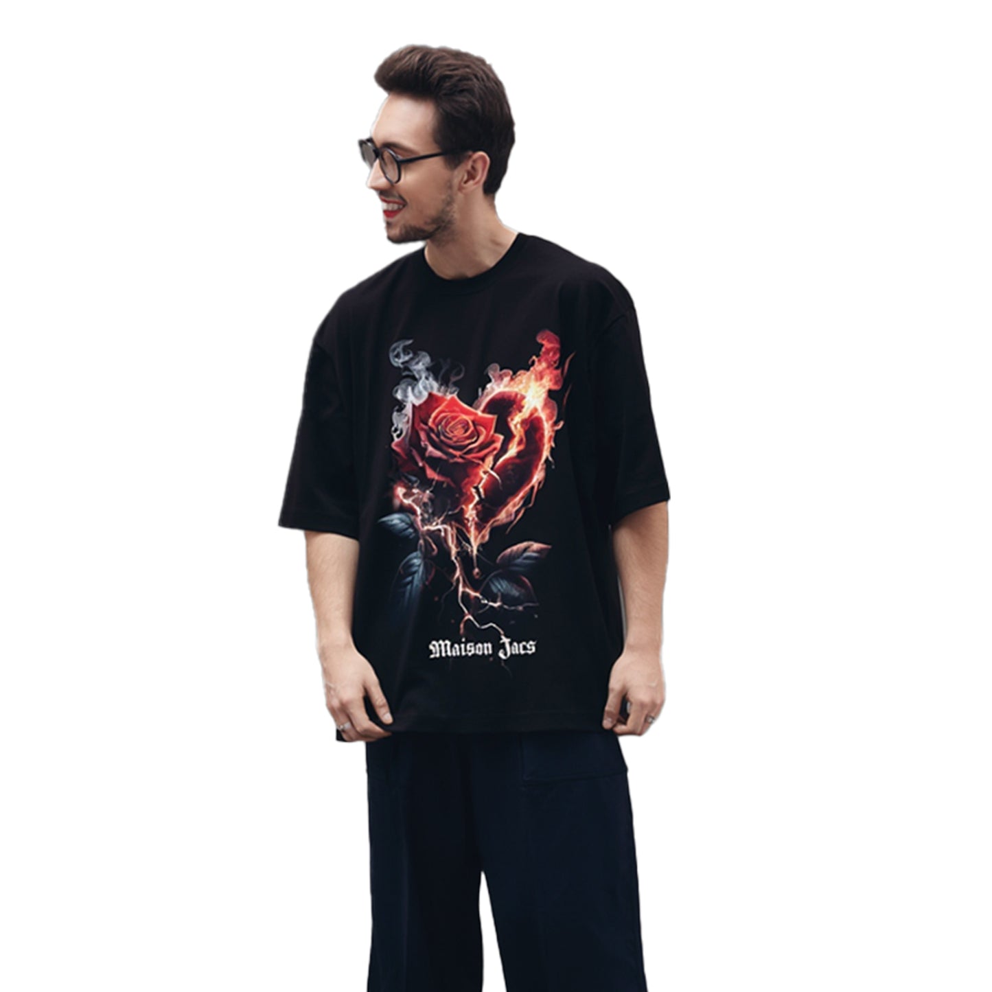 Burning Rose – Valentine Collection Oversized Black Graphic T-Shirt