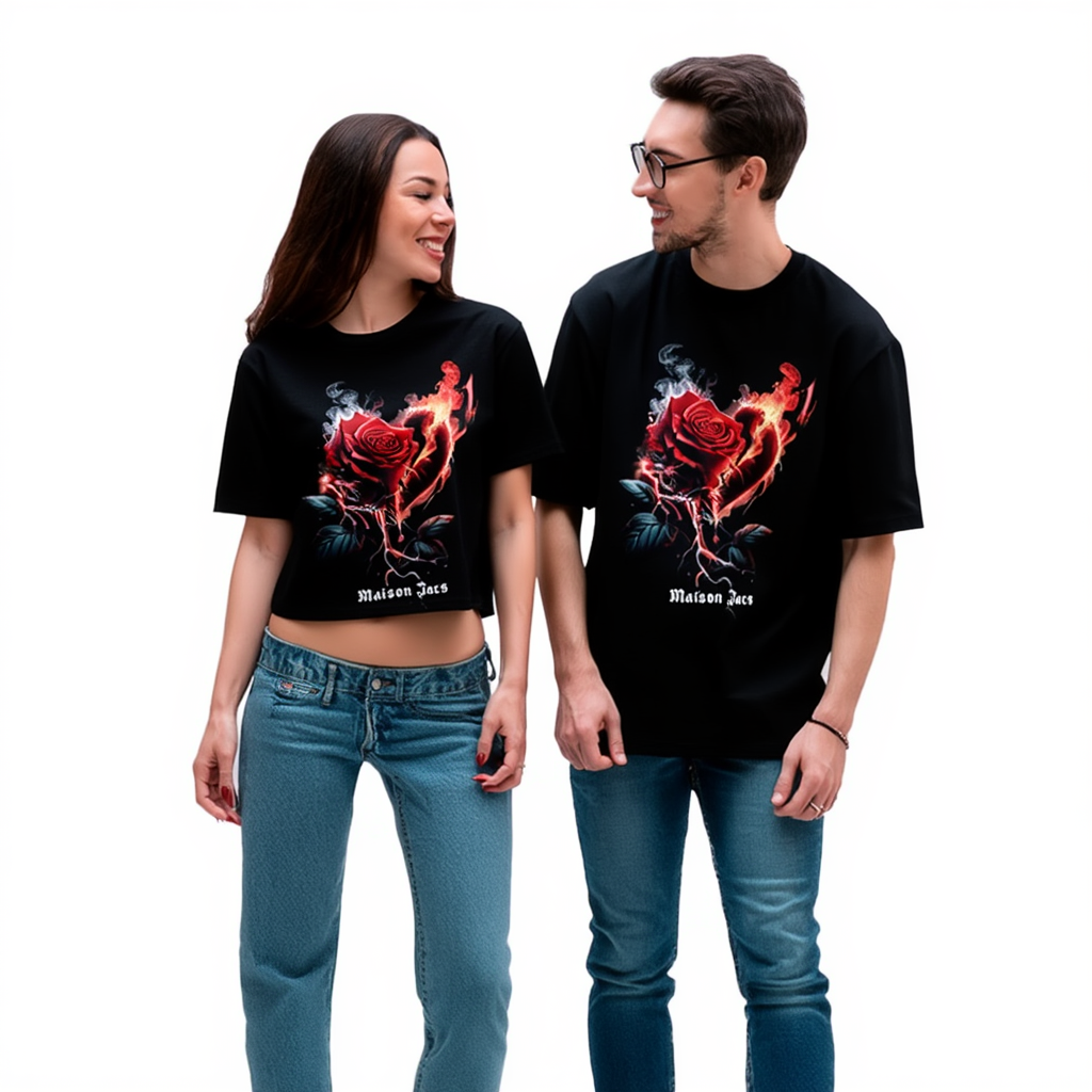 Burning Rose – Valentine Collection Oversized Black Graphic T-Shirt